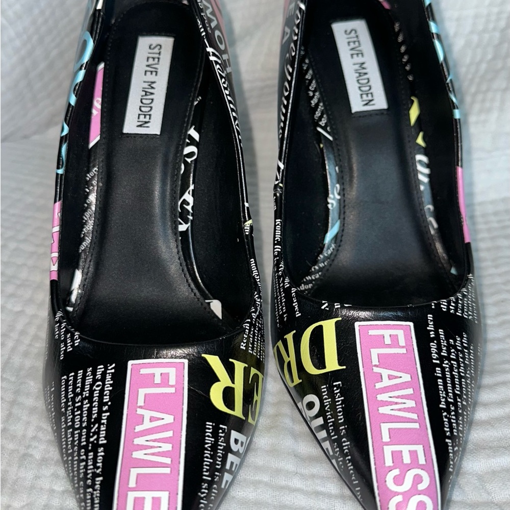 Steve Madden Black and Multi-Color Graphic Heels